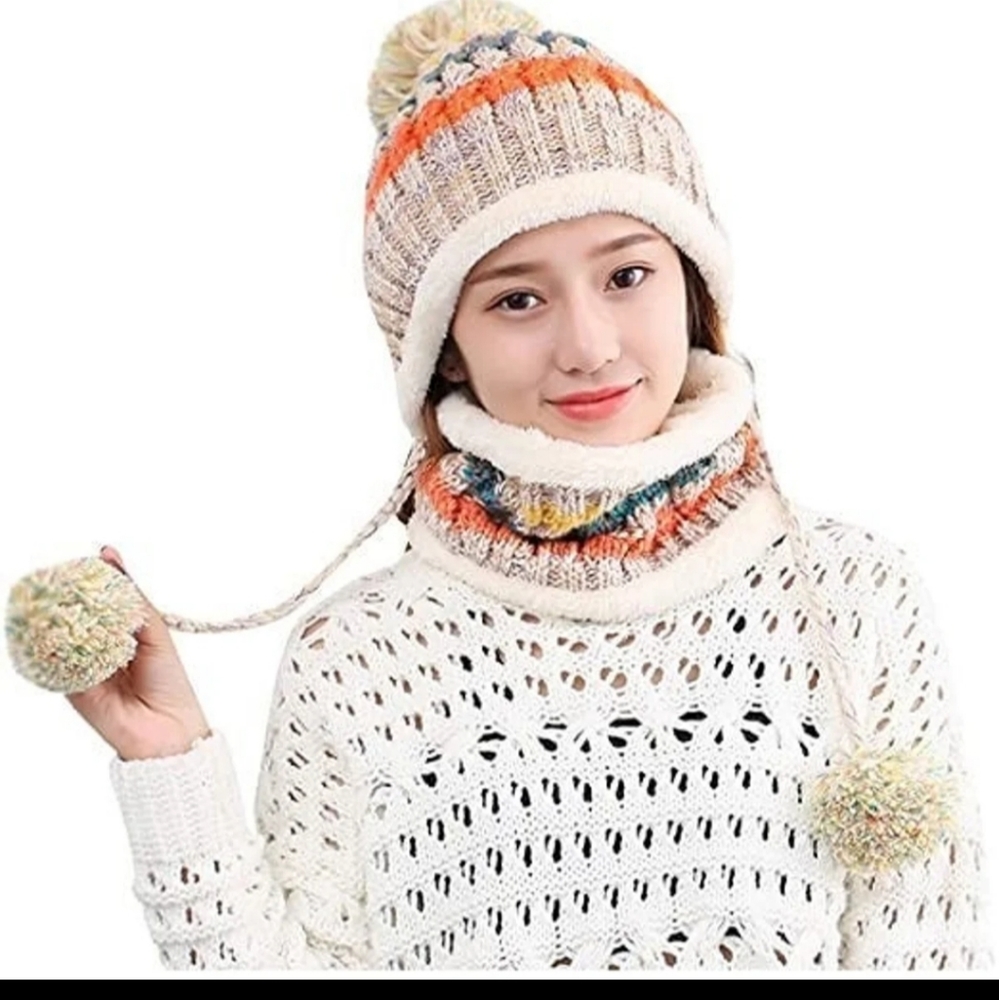 Winter Beige Knitted beanie with neck warmer pieces .